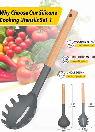 Silicone Pasta Fork and Ladle Spoon Set with Wooden Handle, Heat Resistant Non Stick Kitchen Utensils for Cooking, Stirring, Serving Spaghetti, Soup, Sauce(GRAY)