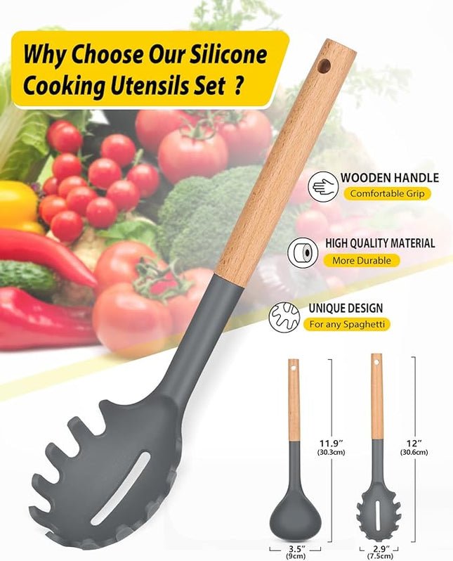 Silicone Pasta Fork and Ladle Spoon Set with Wooden Handle, Heat Resistant Non Stick Kitchen Utensils for Cooking, Stirring, Serving Spaghetti, Soup, Sauce(GRAY)