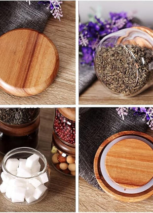 SAIOOL Kitchen Canisters Set of 6-8.5oz Glass Spice Jars With Acacia Airtight Lid and Labels Round Spice Bottles for kitchen Seasoning Baby Food Kids Snacks Meal Prep Containers Candle