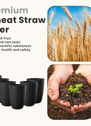 Homienly Wheat Straw Cups Set of 6, 12 OZ Alternative Plastic Cups Reusable, Stackable Drinking Cups, Water Cups, Coffee Cups, Unbreakable Glasses Drinking for Camping, Travel, Party - Black