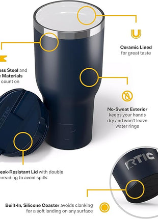 RTIC 40oz Essential Tumbler with Lid, Ceramic Lined, Insulated, Stainless Steel, Metal, Double Wall Vacuum-Insulation, Travel Cup for Iced Coffee, Tea, Hot and Cold Drink, Navy