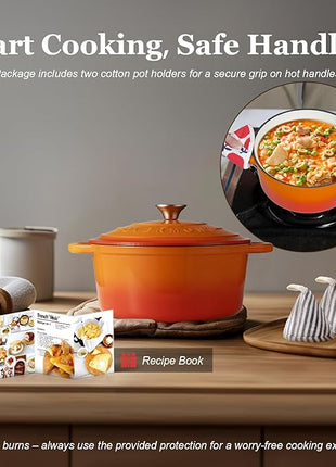 Overmont Enameled Cast Iron Dutch Oven - 4.5QT Pot with Lid Cookbook & Cotton Potholders - Heavy-Duty Cookware for Braising, Stews, Roasting, Bread Baking orange