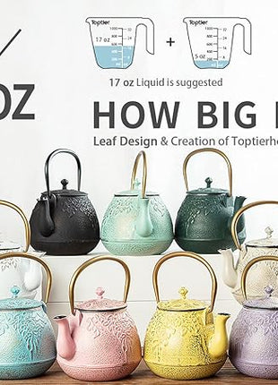 TOPTIER Tea Kettle for Stove Top, Cast Iron Teapot Stovetop Safe with Infusers for Loose Tea, 22 oz, Light Green