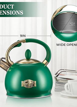 SUSTEAS Stove Top Whistling Tea Kettle - Food Grade Stainless Steel Teakettle Teapot with Cool Touch Ergonomic Handle, With 1 Silicone Pinch Mitt Included, 2.64 Quart (Green)