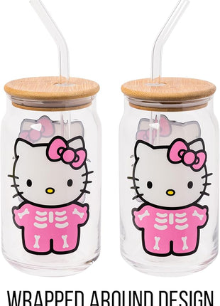 Silver Buffalo Sanrio Hello Kitty Halloween Spooky Skeleton Glass Jar Tumbler with Bamboo Lid and Glass Straw, 16 Ounces