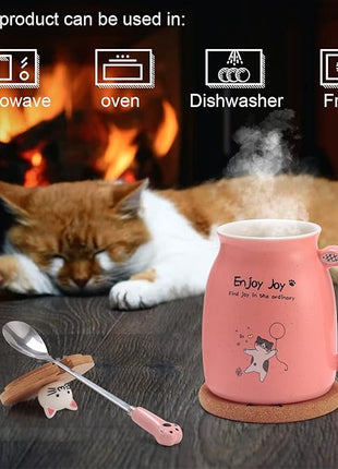 Bgbg Novelty Cat Mug Cute Ceramic Coffee Cup with Kawaii Wooden Kitty Lid, Lovely Claw Spoon, Anime Wooden Coaster, Pink Birthday Mug Gift for Cat Lovers Girl Kids Women 480ML (Pink)