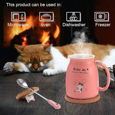 Bgbg Novelty Cat Mug Cute Ceramic Coffee Cup with Kawaii Wooden Kitty Lid, Lovely Claw Spoon, Anime Wooden Coaster, Pink Birthday Mug Gift for Cat Lovers Girl Kids Women 480ML (Pink)