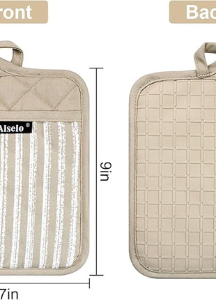 Silicone Pot Holders Set of 3 Heat Resistant & Non Slip Potholders, Professional Oven Hot Pads with Pockets Mitts for Kitchen Cooking Baking Barbecue (Khaki, 3)