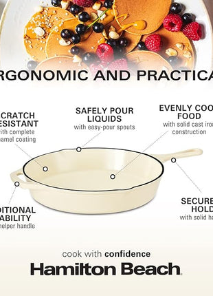 Hamilton Beach Enameled Cast Iron Fry Pan 12-Inch Cream, Cream Enamel Coating, Skillet Pan for Stove Top and Oven