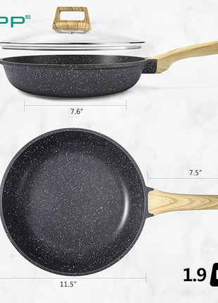 GiPP Nonstick Frying Pan Skillet with Lid - 11" Grey Granite Non Stick Pans, Omelette Pan with Heat-Resistant Handle, Compatible with All Stovetops, PFOA Free