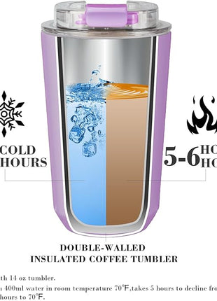 Puraville Insulated Tumblers with Lid, 14 oz Travel Coffee Mug Stainless Steel Vacuum Cup, Leak Proof Reusable Double Walled Coffee Tumbler for Iced and Hot Drinks, Lilac