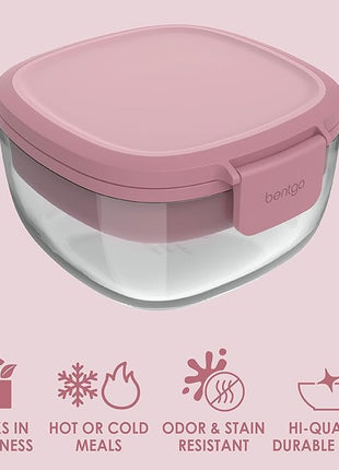 Bentgo Glass All-in-One Salad Container - Large 61-oz Salad Bowl with Lid, 4-Compartment Bento-Style Tray, 3-oz Sauce Container, and Reusable Fork - Dishwasher, Microwave, and Oven Safe (Rose)