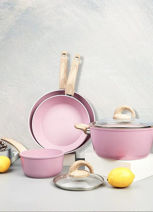 Pink Pots and Pans Set Non Stick, Ceramic Cookware Set with Granite Pattern Kitchen Cooking Sets Induction Pot and Pan w/Frying Pans, Saucepans, Casserole, Non-Toxic, PTFE/PFOA/PFOS-Free