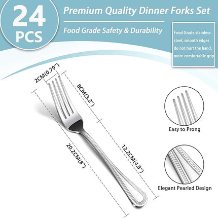 24-Piece Dinner Fork Set, 8-Inch Silverware, Stainless Steel, Elegant Pearl Dot Handle, Dishwasher Safe
