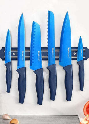 Wanbasion 7 Piece Blue Kitchen Knife Set with Magnetic Strip, Kitchen Knife Set Stainless Steel, Sharp Knife Set for Kitchen for Meat Vegetable Cutting