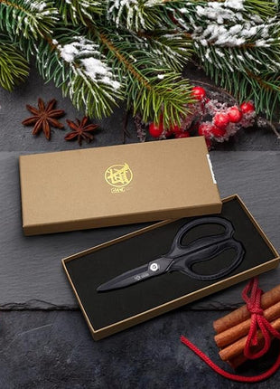 MITSUMOTO SAKARI Japanese Kitchen Scissors, All Purpose, Black Titanium Plated Heavy Duty, Multipurpose Cooking and Herb Scissors with Micro Serrated Edge