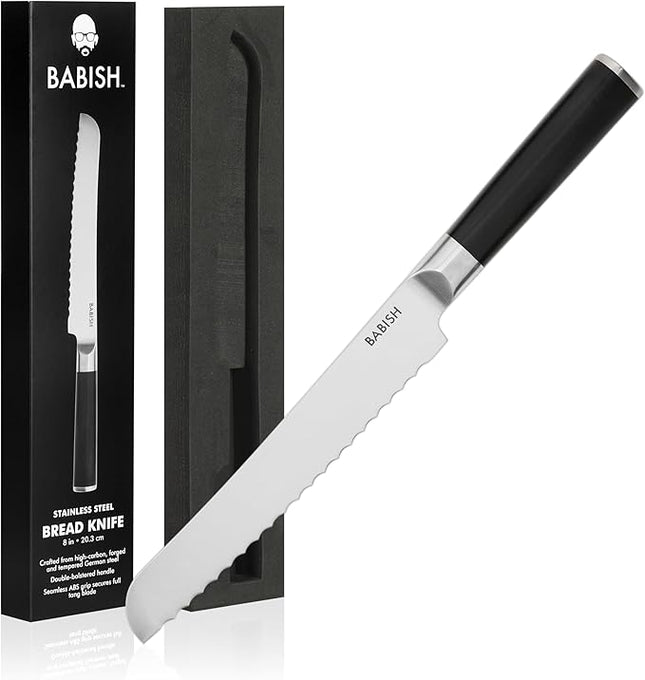 Babish 8-Inch Bread Knife – High-Carbon 1.4116 German Steel Kitchen Knife – Professional Serrated Cutlery for Slicing Bread and Baked Goods