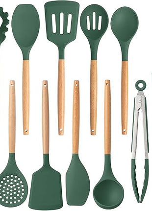 Country Kitchen Non Stick Silicone Utensil Set with Rounded Wood Handles for Cooking and Baking, 14 Piece Set, Green