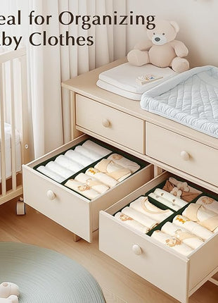 DIMJ Drawer Organizers Clothes, Set of 4 Dresser Organizer Bins, Fabric Closet Organizers and Storage, Shallow Drawer Dividers for Nursery, Clothing, Baby Clothes, Socks, Underwears, Tie (Green)
