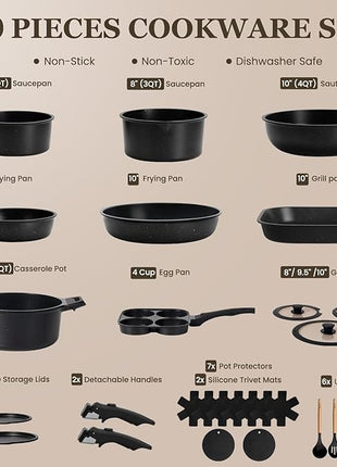 KIKCOIN Pots and Pans Set, 30 Pack Nonstick Cookware Set Detachable Handle, Induction RV Kitchen Cooking Set with Removable Handle, Frying Pans, Casserole - Dishwasher/Oven Safe, PFOA Free