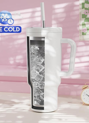 Meoky 40 oz Tumbler with Handle and Straw: Stainless Steel Insulated Tumbler with Lid and Straw - 100% Leak Proof Tumbler for Car Cup Holders - Travelers Commuters Workers, White