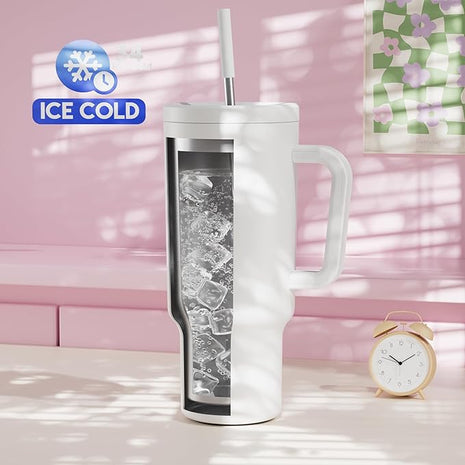 Meoky 40 oz Tumbler with Handle and Straw: Stainless Steel Insulated Tumbler with Lid and Straw - 100% Leak Proof Tumbler for Car Cup Holders - Travelers Commuters Workers, White