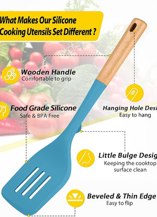 Pack of 4 Silicone Kitchen Utensils Set, Non Stick Solid Spatulas and Heat Resistant Slotted Spoons with Wooden Handle, Ideal BPA Free Cooking Utensils for Mixing,Serving,Turning,Stirring(BLUE)