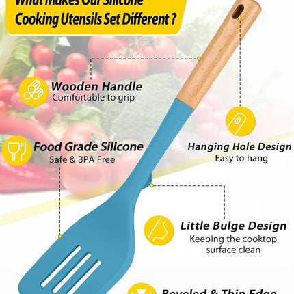 Pack of 4 Silicone Kitchen Utensils Set, Non Stick Solid Spatulas and Heat Resistant Slotted Spoons with Wooden Handle, Ideal BPA Free Cooking Utensils for Mixing,Serving,Turning,Stirring(BLUE)