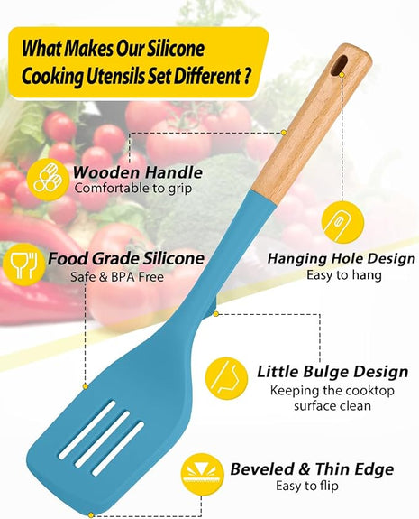 Pack of 4 Silicone Kitchen Utensils Set, Non Stick Solid Spatulas and Heat Resistant Slotted Spoons with Wooden Handle, Ideal BPA Free Cooking Utensils for Mixing,Serving,Turning,Stirring(BLUE)