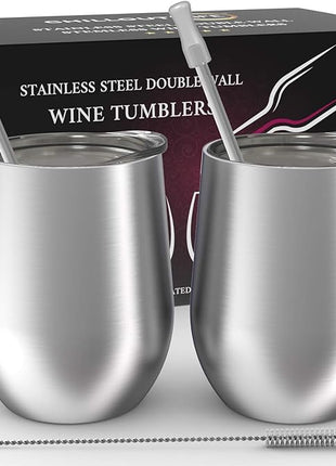 CHILLOUT LIFE 12 oz Stainless Steel Wine Tumblers 2 Pack - Double Wall Vacuum Insulated Wine Glasses Cups with Lids and Straws Set Keeping Cold & Hot for Coffee, Beer, Ice Cream - Dishwasher Safe
