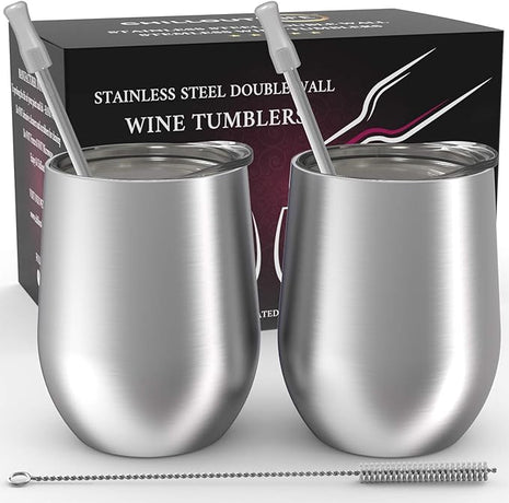 CHILLOUT LIFE 12 oz Stainless Steel Wine Tumblers 2 Pack - Double Wall Vacuum Insulated Wine Glasses Cups with Lids and Straws Set Keeping Cold & Hot for Coffee, Beer, Ice Cream - Dishwasher Safe