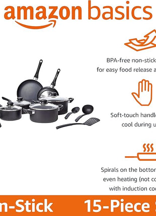 Amazon Basics Non Stick Kitchen Cookware 15-Piece Set, Non-Induction, Includes Pots, Pans, and Utensils, Black