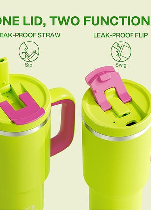 32 oz Tumbler with Handle and Straw: Stainless Steel Insulated Tumbler Keeps Cold for 24 Hours, Leakproof Travel Cup Fits in Cup Holder and BPA-Free,Acid Green