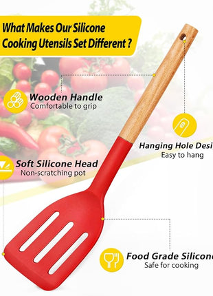 Pack of 4 Silicone Cooking Utensils Set, Non Stick Solid Spatulas and Heat Resistant Slotted Spoons with Wooden Handle, Ideal Wood Kitchen Utensils Set for Frying,Serving,Turning,Stirring (RED)