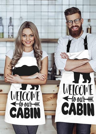 EKOBLA Welcome To Our Cabin Aprons Bear Portrait Arrow White Black Background Waterproof Resistant Chef Cooking Kitchen BBQ Adjustable Aprons for Women Men 27x31 Inch