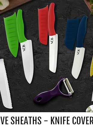 Vos Ceramic Knife with Peeler, Ceramic Knives Set For Kitchen, Ultra Sharp Kitchen Knife Set with Covers, 4"5"6"7"8" Paring, Chef Knife, Santoku & 2 more, Lightweight, Dishwasher safe (Multi-Color)