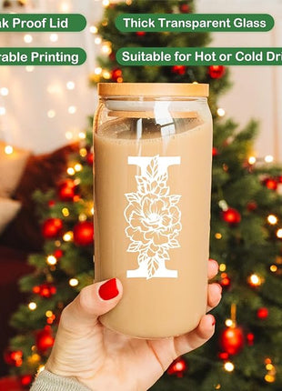 Coolife Initial Glass Cup, Monogrammed Gifts for Women, 16 oz Glass Cups w/Lids Straws, Iced Coffee Smoothie Beer Tumbler w/Straw Lid - Personalized Christmas, Birthday Gifts for Her Mom Friend Woman