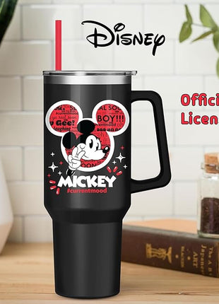 Silver Buffalo Disney Classic Mickey Mouse Hashtag Current Mood “#currentmood” Stainless Steel Tumbler with Handle and Straw, Fits in Standard Cup Holder, 40 Ounces