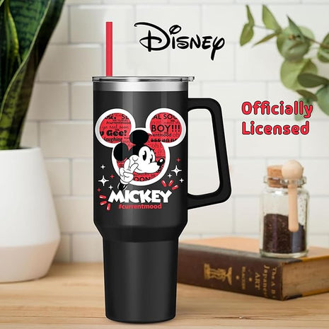 Silver Buffalo Disney Classic Mickey Mouse Hashtag Current Mood “#currentmood” Stainless Steel Tumbler with Handle and Straw, Fits in Standard Cup Holder, 40 Ounces