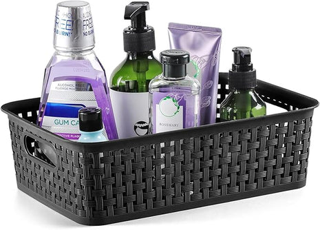 [ 8 Pack ] Plastic Storage Baskets, Small Pantry Organization and Storage Bins, Household Organizers for Laundry Room, Bathrooms, Kitchens, Cabinets, Countertops, Under Sink or Shelves, Black