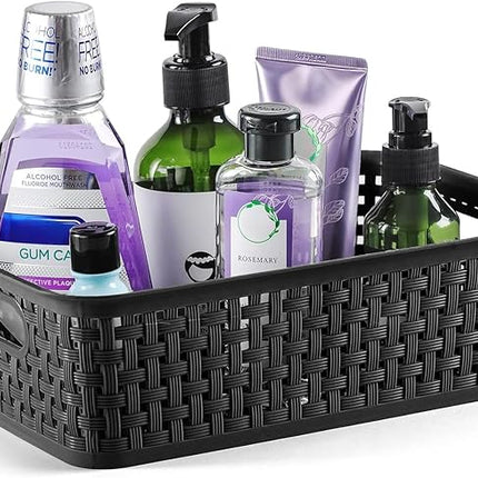 [ 12 Pack ] Plastic Storage Baskets, Small Pantry Organization and Storage Bins, Household Organizers for Laundry Room, Bathrooms, Kitchens, Cabinets, Countertop, Under Sink or Shelves, Black