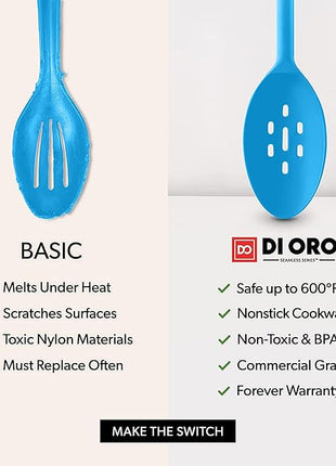 DI ORO Silicone Mixing & Serving Spoons - Large Heat-Resistant Non Stick Utensils Big Solid & Slotted Basting Spoons - Dishwasher Safe (2pc, Blue)