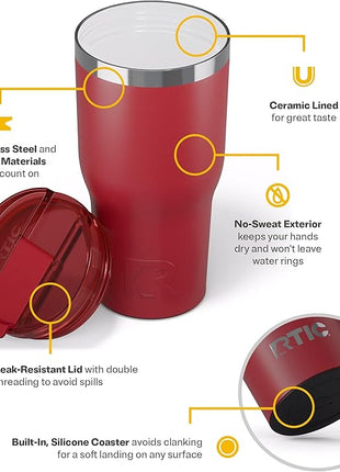 RTIC 30oz Essential Tumbler with Lid, Ceramic Lined, Insulated, Stainless Steel, Metal, Double Wall Vacuum-Insulation, Travel Cup for Iced Coffee, Tea, Hot and Cold Drink, Flag Red