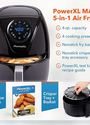 PowerXL Air Fryer 4 QT Maxx, Special Edition 2022, Extra Hot Air Fry, Cook, Crisp, Broil, Roast, Bake, High Gloss Finish, Black (4 Quart)