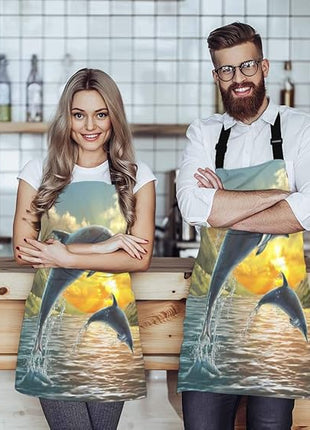EKOBLA Dolphin Aprons Ocean Jumping Sea Beautiful Sunset Beautiful Landscape Clouds Wave Waterproof Resistant Chef Cooking Kitchen BBQ Adjustable Aprons for Women Men 27x31 Inch