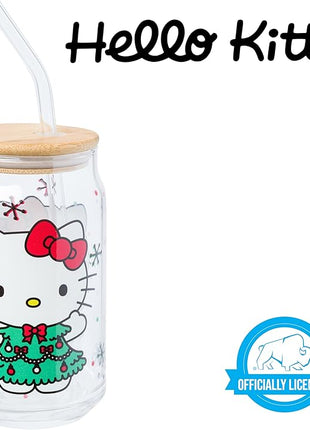 Silver Buffalo Sanrio Hello Kitty Holiday Glass Tumbler with Bamboo Lid and Glass Straw, 16 Ounces