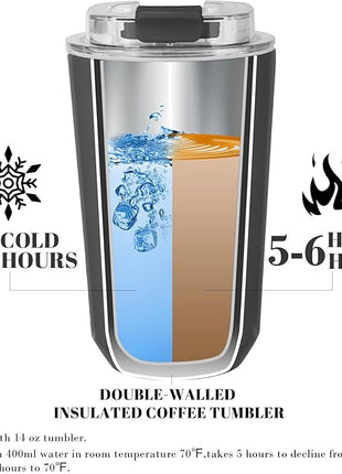 Puraville Insulated Tumblers with Lid, 14 oz Travel Coffee Mug Stainless Steel Vacuum Cup, Leak Proof Reusable Double Walled Coffee Tumbler for Iced and Hot Drinks, Black