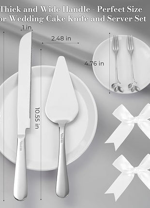 Wedding Cake Cutting Set, Elegant Wedding Cake Knife and Server Set with Thick Stainless Steel Wide Handle, Cake Cutting Set for Wedding Anniversary Christmas, Cake Cutter, 2 Cute Forks and Bows