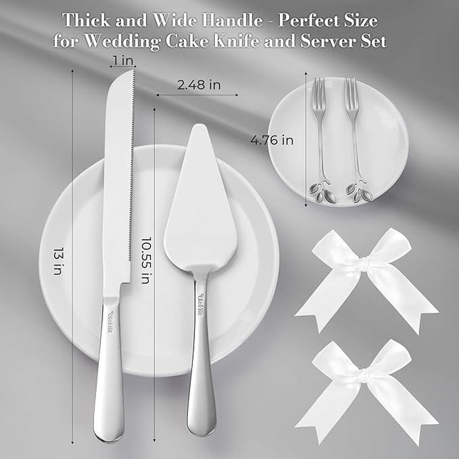 Wedding Cake Cutting Set, Elegant Wedding Cake Knife and Server Set with Thick Stainless Steel Wide Handle, Cake Cutting Set for Wedding Anniversary Christmas, Cake Cutter, 2 Cute Forks and Bows