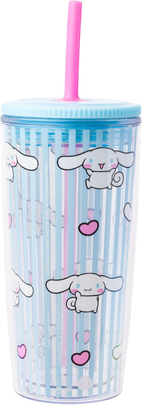 Silver Buffalo Sanrio Hello Kitty and Friends Cinnamoroll Hearts and Blue Stripes Plastic Cold Cup with Lid and Straw, 20 Ounces